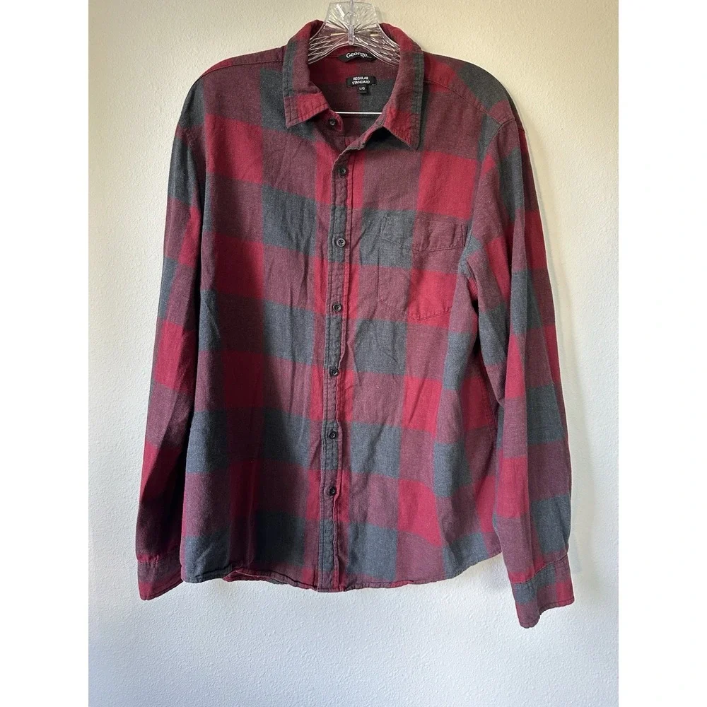 George Mens Red Gray‎ Long Sleeve Collared Dual Pocket Plaid Button Up Shirt L
